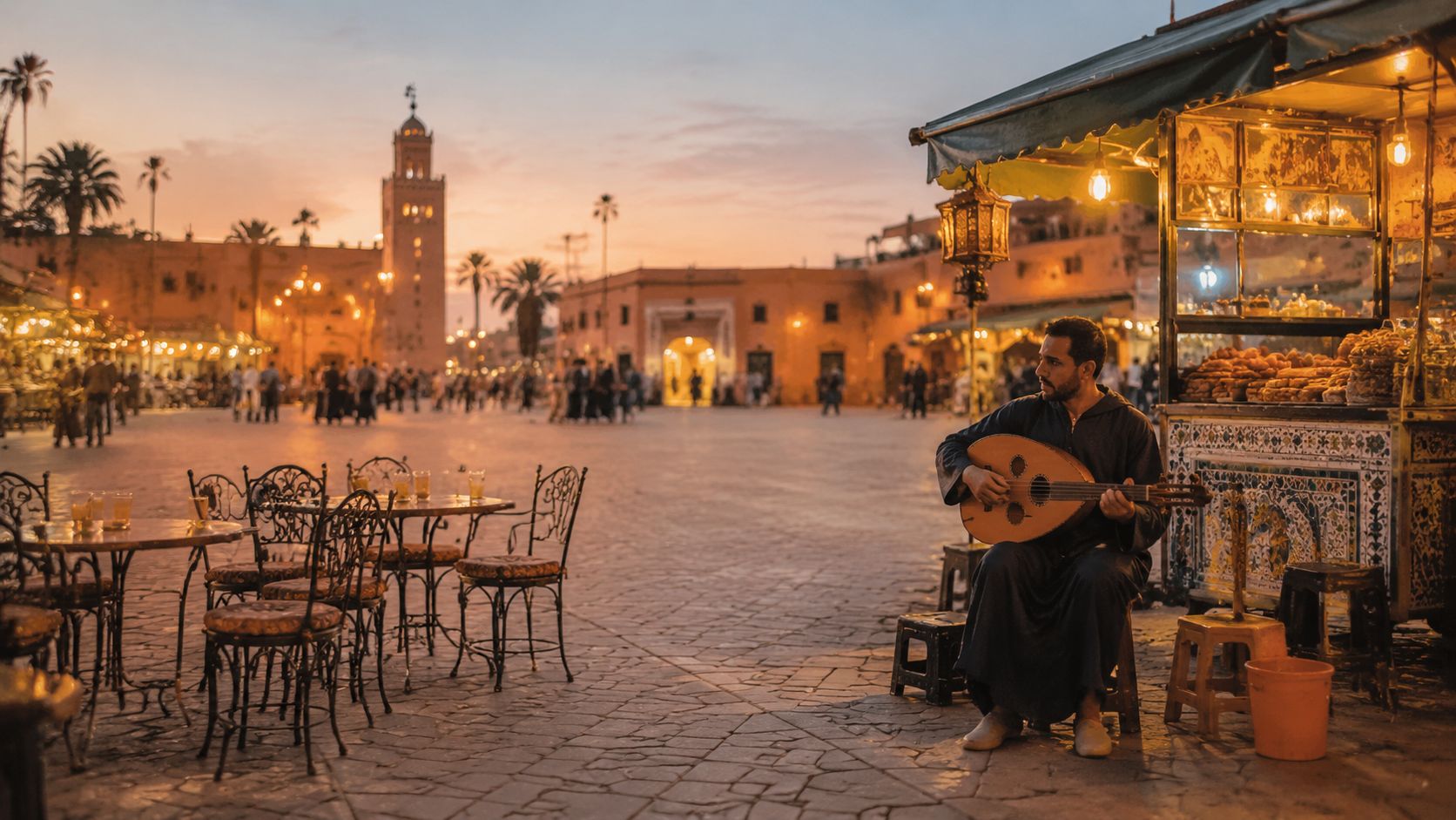 A musician plays an oud near a food stall in Jemaa el-Fnaa square at sunset in Marrakech.