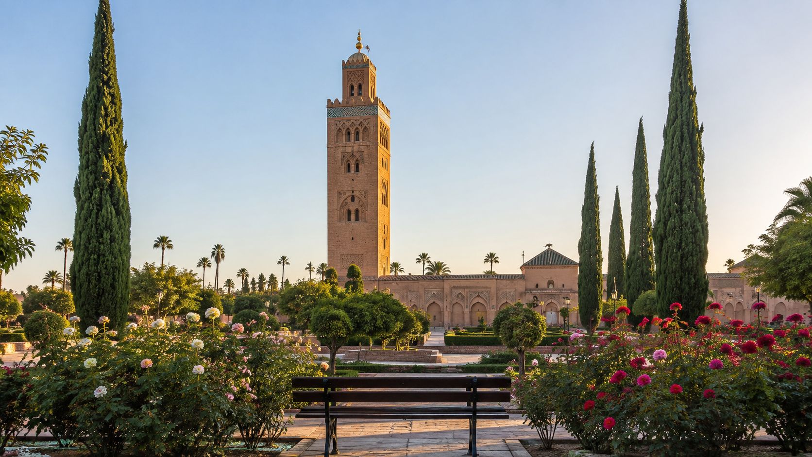 The iconic Koutoubia Mosque tower stands tall behind a beautiful rose garden with a bench in Marrakech.