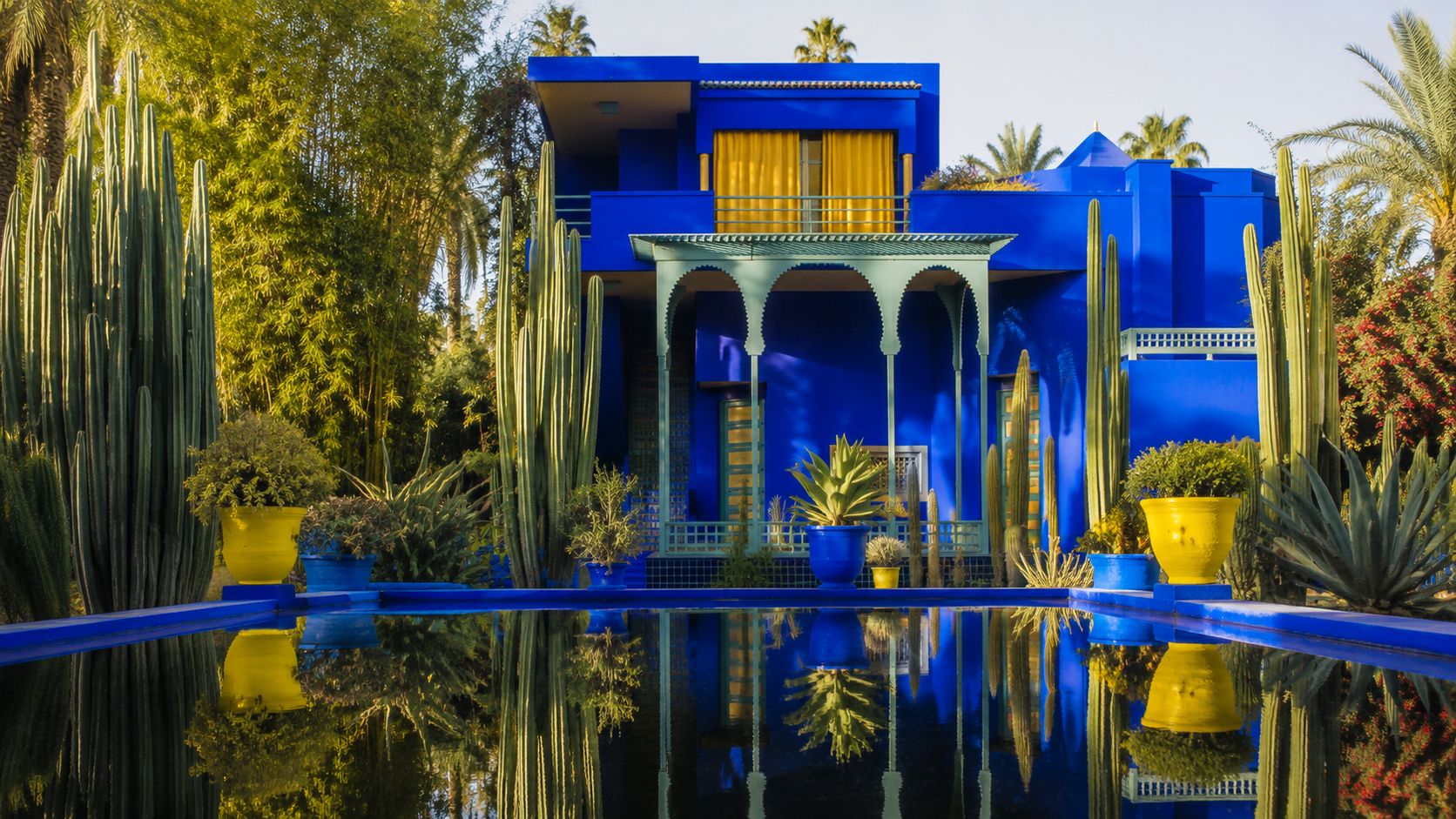 The iconic vibrant blue Majorelle Garden villa in Marrakech surrounded by exotic cacti and a reflection pool.