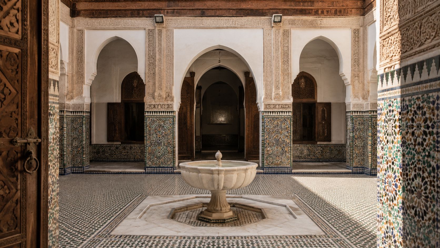 A central marble fountain inside a beautifully decorated Moroccan courtyard with ornate tile work and arched doorways.