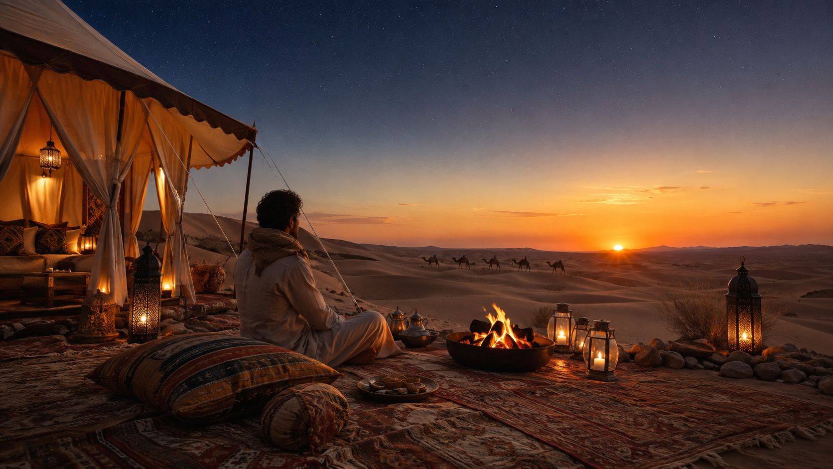 A man in traditional clothing sitting by a campfire at a desert camp during a golden sunset