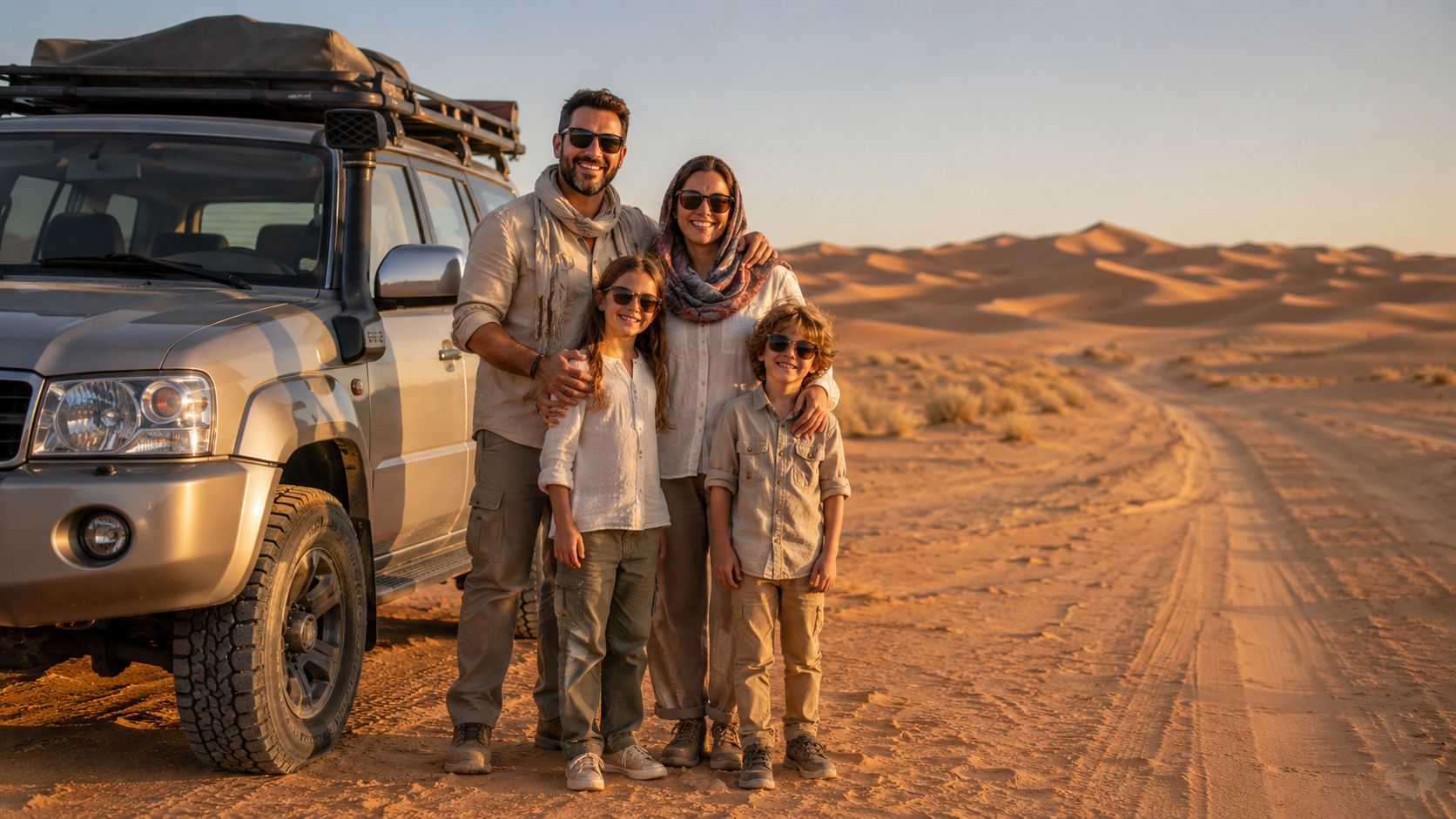 A happy family posing for a photo in front of their off-road vehicle in the Sahara Desert.