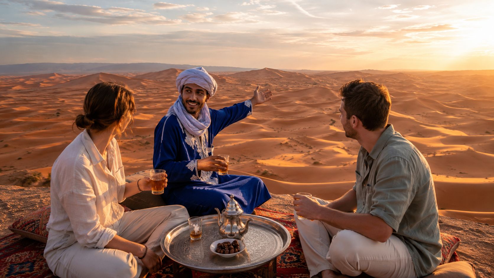 A man in traditional Moroccan attire talks with tourists while serving tea in the Sahara Desert.