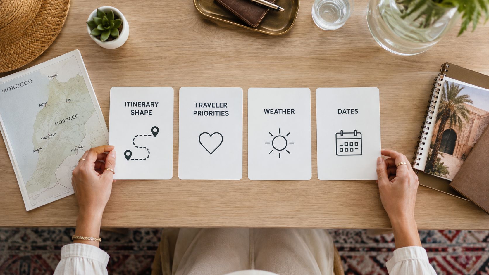 A top-down view of a person planning a trip to Morocco with four cards showing travel planning categories.