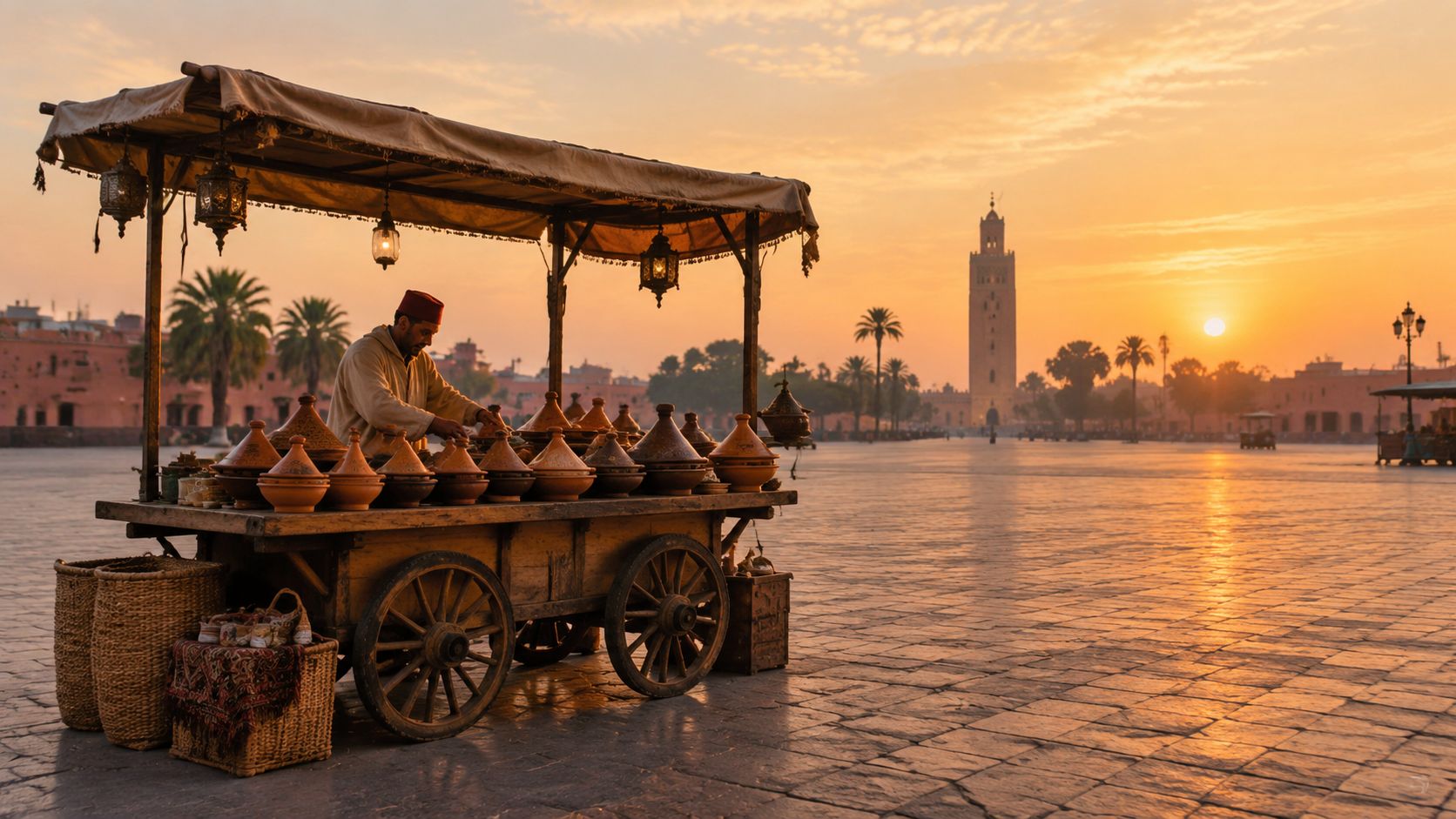 A vendor arranges traditional clay tajines on a wooden cart in Jemaa el-Fnaa square, Marrakech, at sunset.