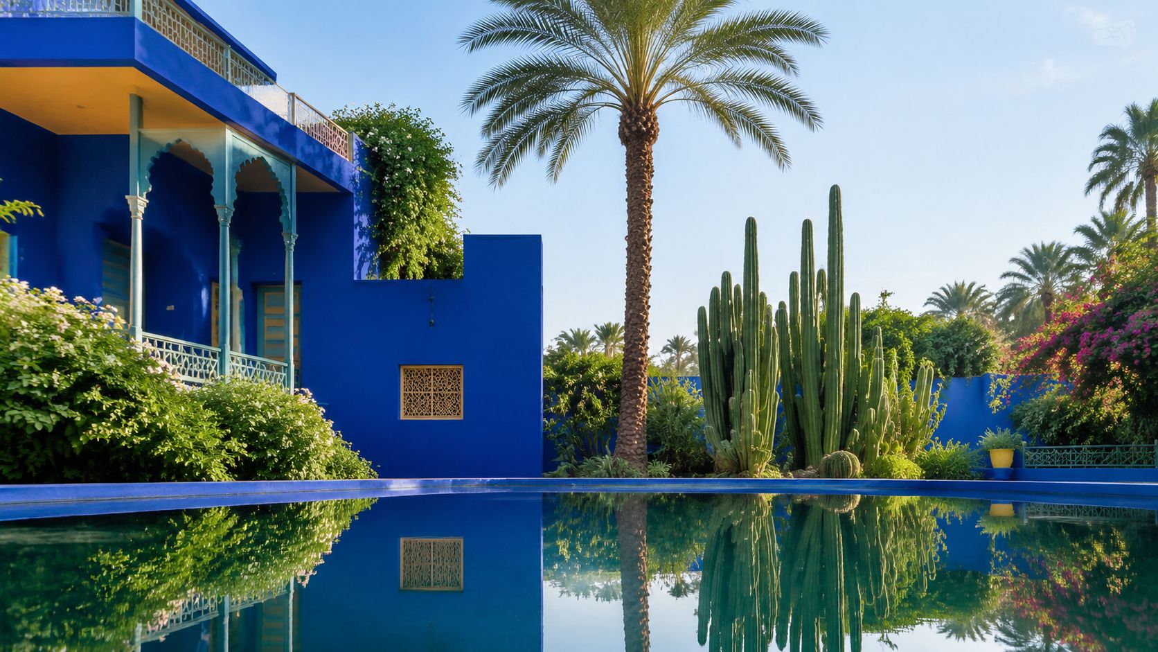 The vibrant blue Majorelle Garden in Marrakech featuring a large palm tree, tall cacti, and a reflective pool.