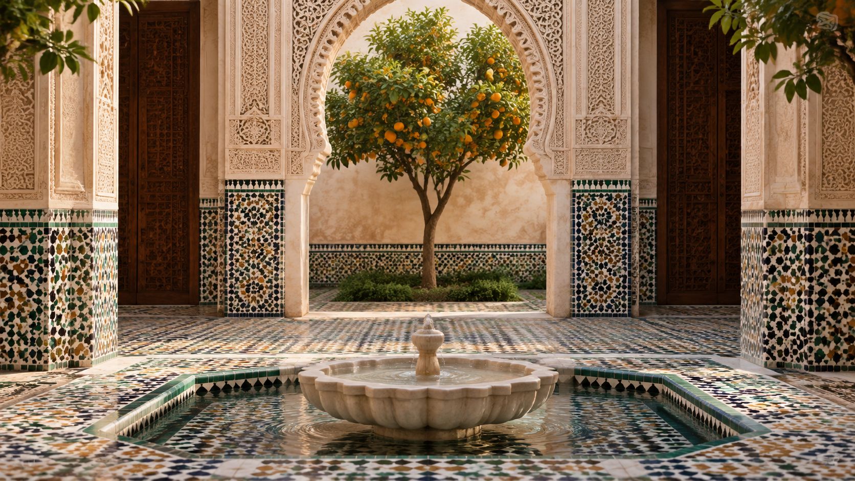 A serene courtyard in Marrakech featuring a traditional marble fountain and a lush orange tree in Morocco.