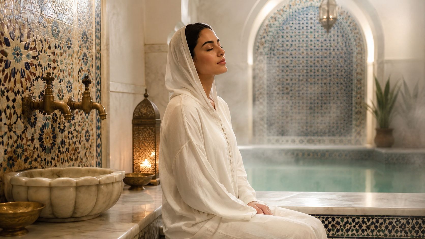 A woman in a white hooded robe relaxing in a serene, traditional Moroccan hammam spa setting.