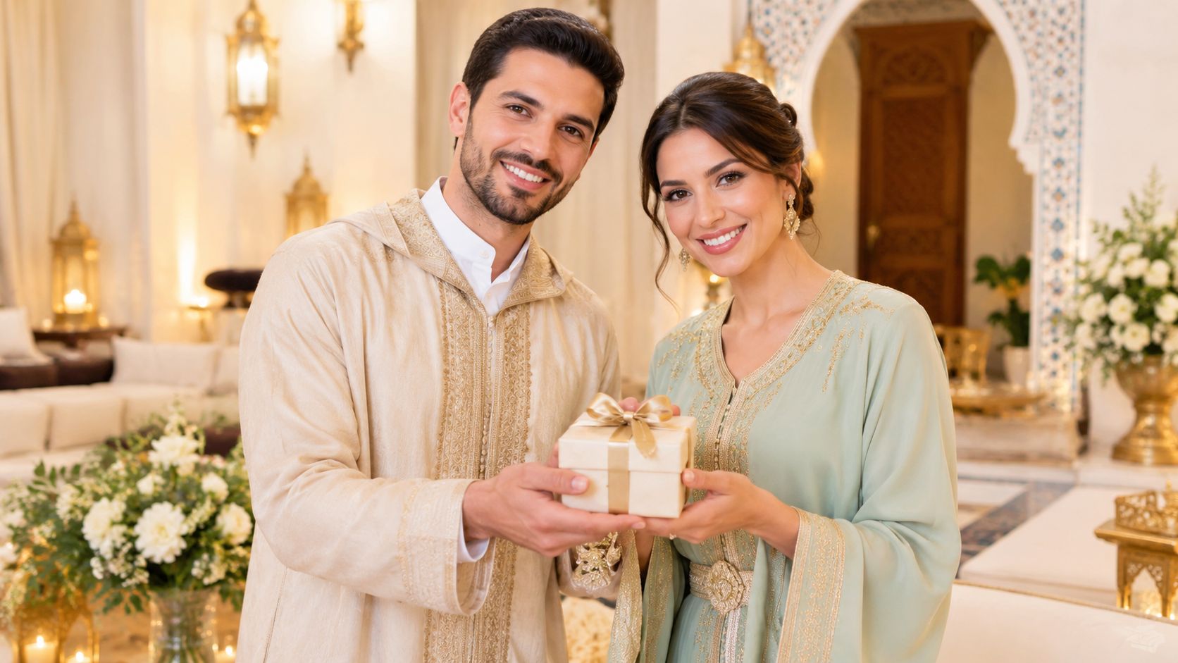 A smiling couple in traditional Moroccan attire holding a small elegant gift box together indoors.
