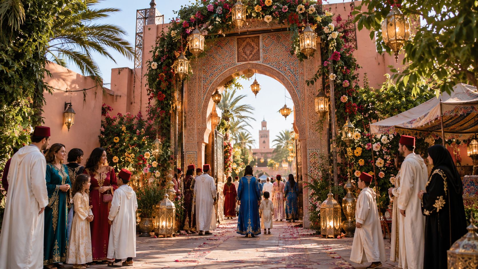 People in traditional Moroccan attire gather under an ornate arched gate decorated with flowers and lanterns.