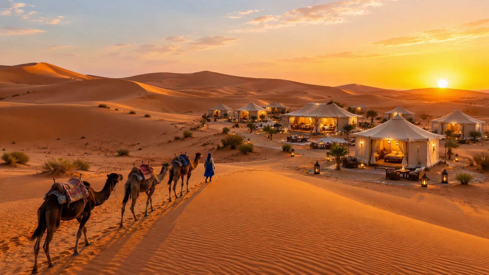 A camel caravan led by a person travels through a desert at sunset towards luxury tents.