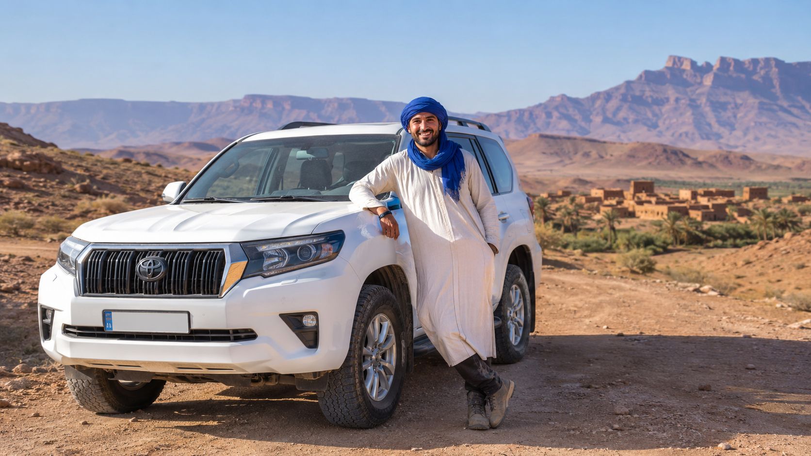 A smiling man in traditional desert attire leaning against a white SUV in a Moroccan landscape.
