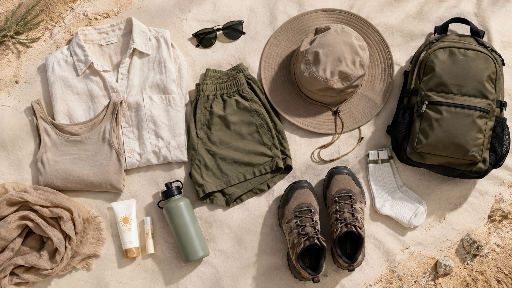 A flat lay of travel gear for a desert trip including clothing, hiking shoes, accessories, and a backpack.