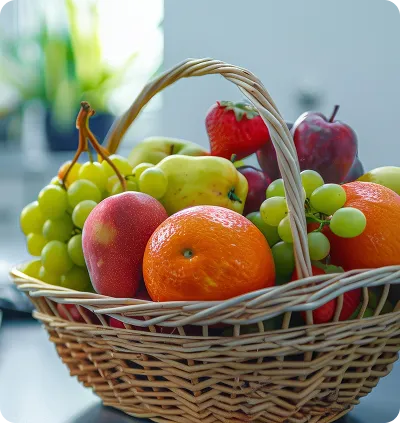 Wicker basket filled with oranges, apples, grapes, strawberries, and pears on a kitchen counter.