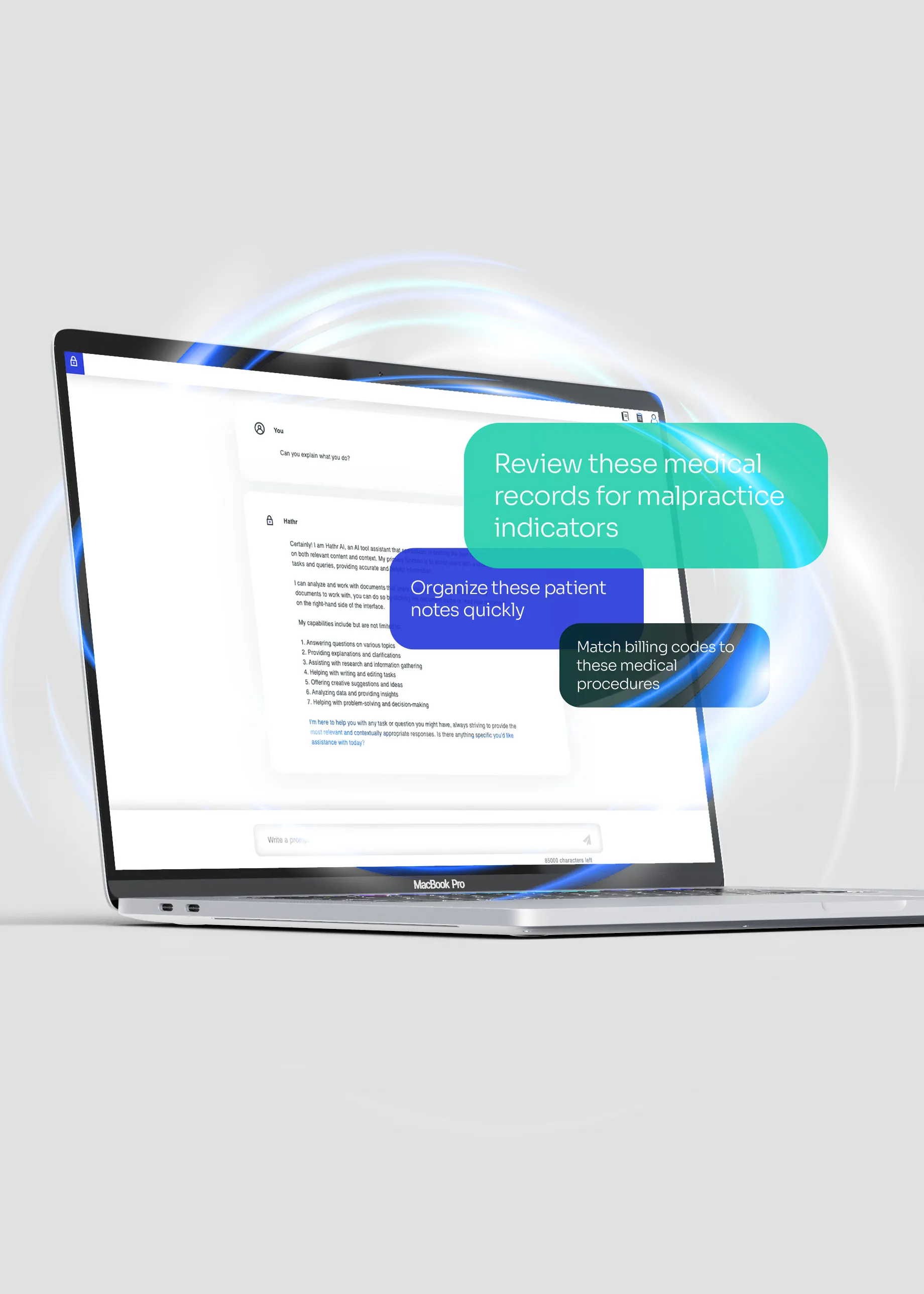 Laptop displaying AI-powered medical record review with HIPAA compliance.