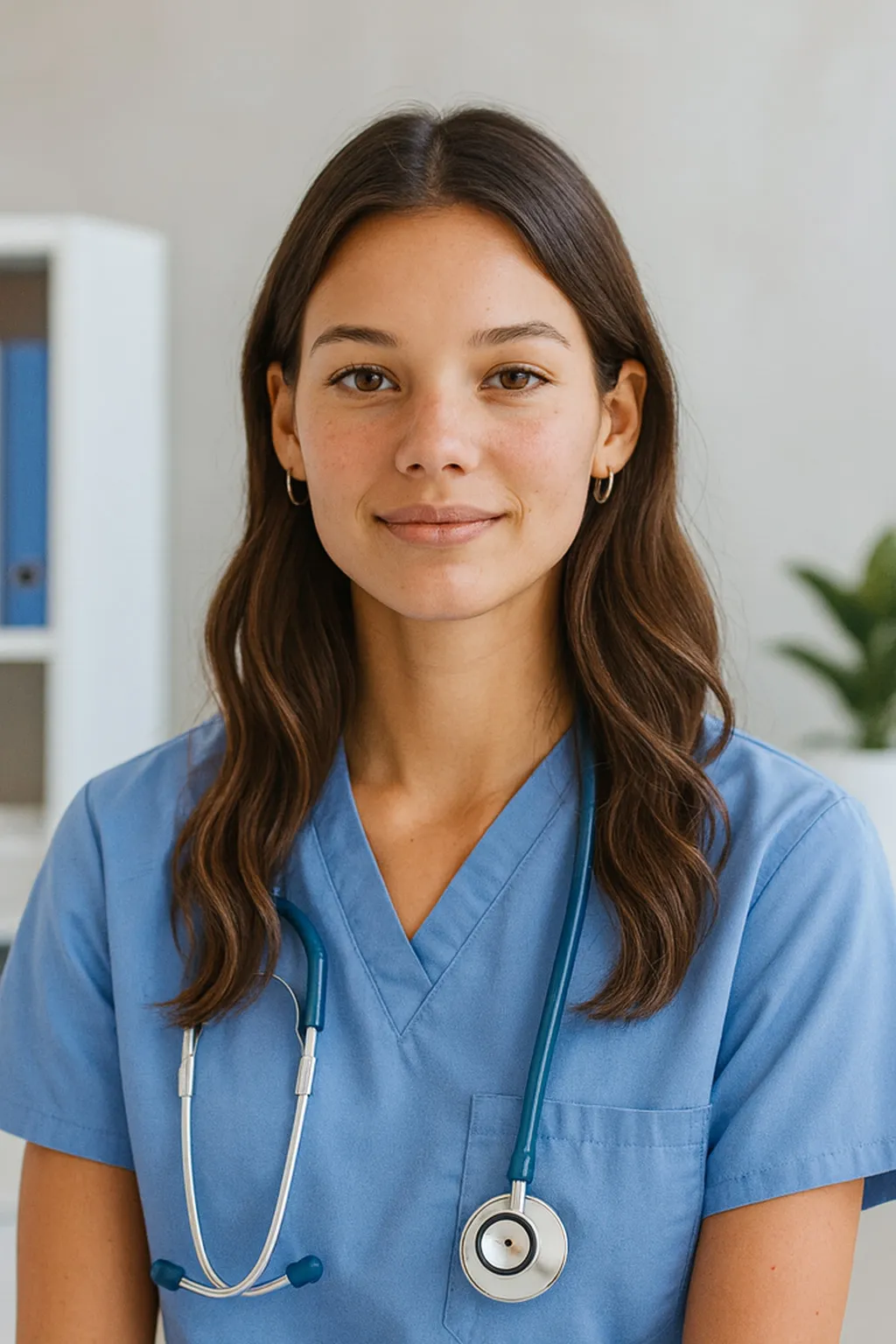Female healthcare professional in scrubs with stethoscope.