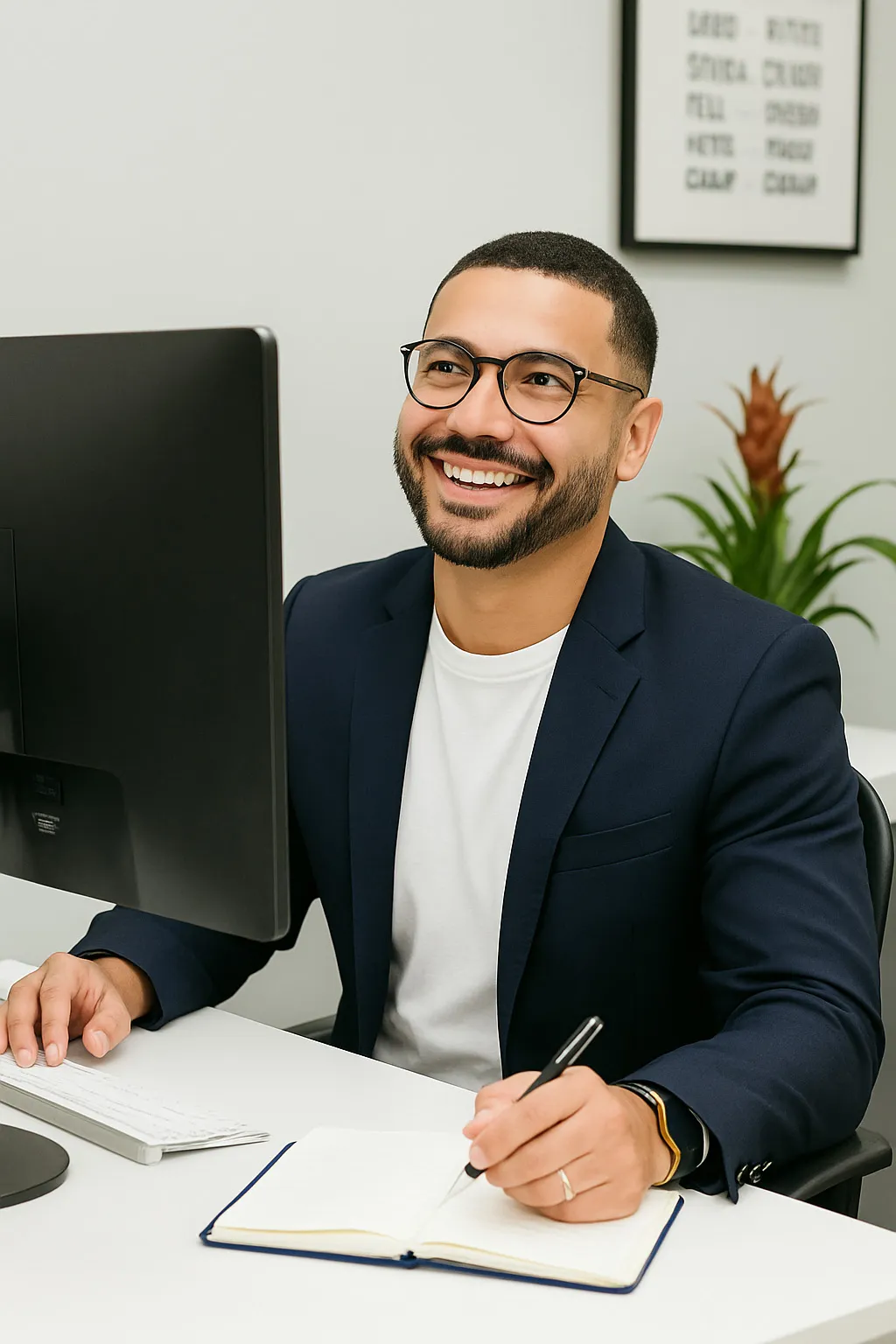 Smiling professional at desk with computer and notepad.