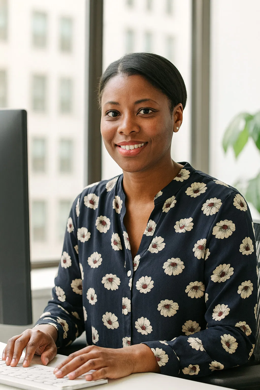 Smiling professional woman at desk.