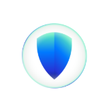Glossy blue shield icon with a gradient effect inside a white circle with a subtle green glow.