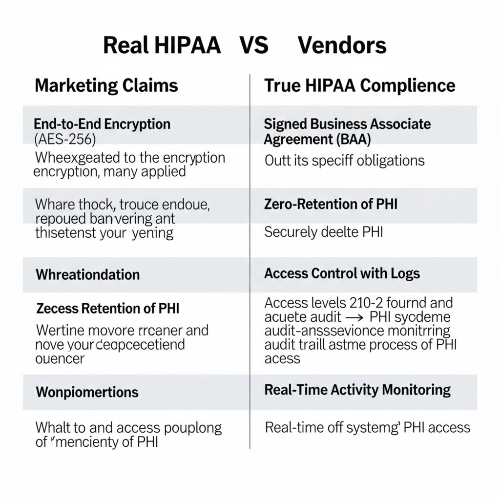 Checklist comparing HIPAA-compliant AI vendor features with marketing claims
