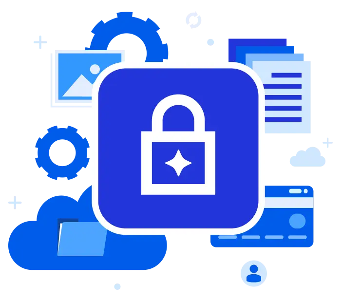 Illustration of secure HIPAA-compliant AI data processing with lock icon and cloud, file, and document symbols.