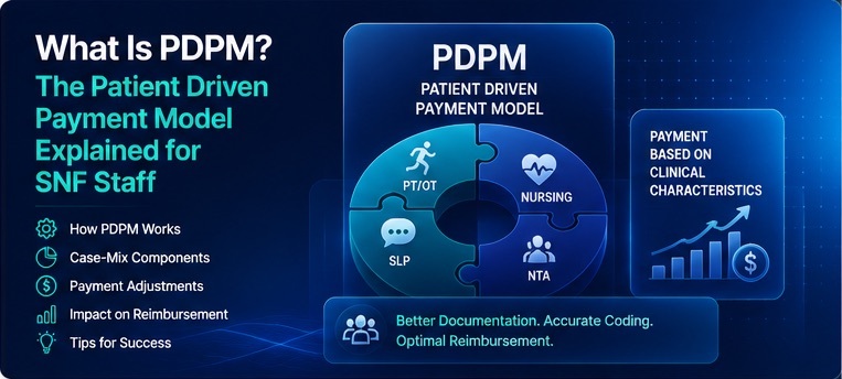 What is PDPM guide for skilled nursing facility staff explaining the Patient Driven Payment Model, case-mix components, documentation, and SNF reimbursement.