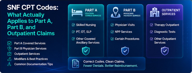 SNF CPT codes guide explaining which codes apply to Medicare Part A, Part B physician services, therapy, and skilled nursing facility outpatient claims.
