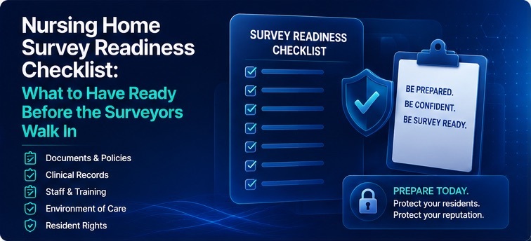 Nursing home survey readiness checklist showing key documents, policies, staff preparation, and compliance steps before state surveyors arrive.