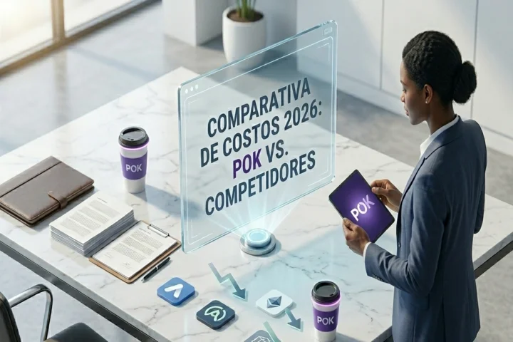 Profesional revisando comparativa de precios de credenciales digitales POK vs Credly, Accredible y Accreditta en pantalla holográfica, 2026