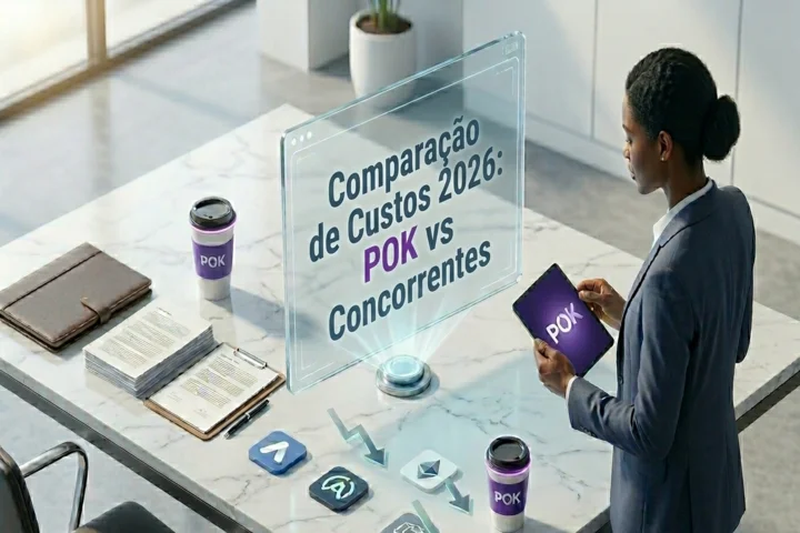 Profissional analisando comparativo de preços de credenciais digitais POK vs Credly, Accredible e Accreditta em tela holográfica, 2026