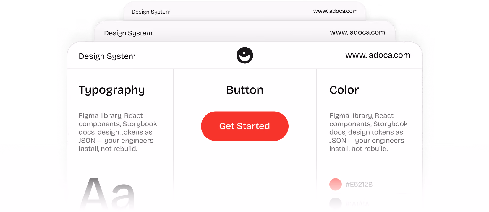 Design system UI showing typography, a red Get Started button, and color info with hex codes.
