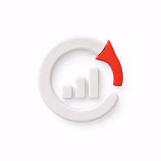 Circular chart with three ascending white bars and a red arrow segment on top right.