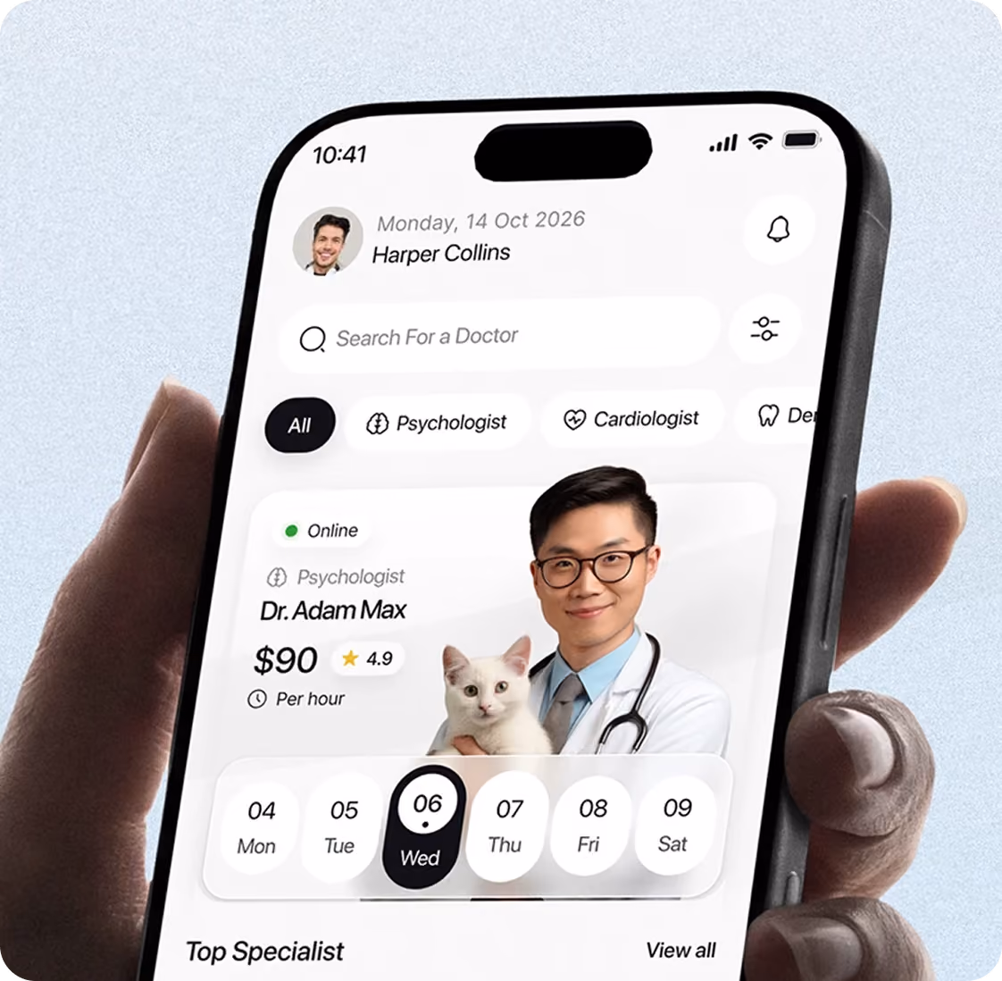 Mobile app screen showing doctor profile Dr. Adam Max, psychologist with hourly rate and rating, plus appointment dates.