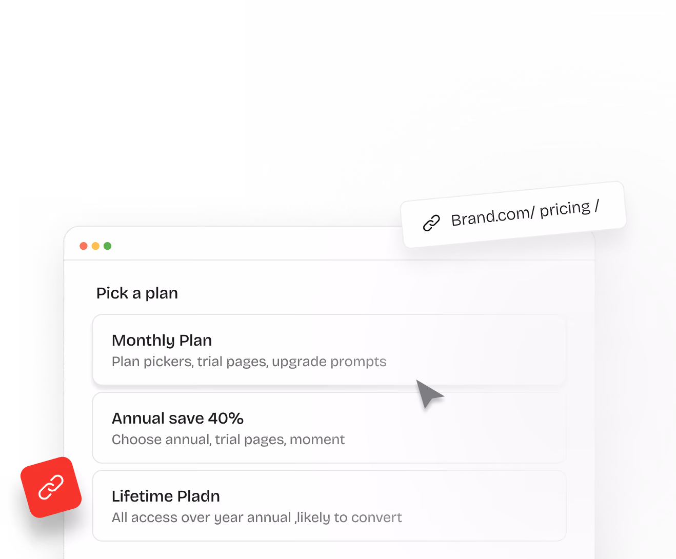 Website pricing plans with options: Monthly Plan, Annual save 40%, and Lifetime Plan with a pointer hovering Monthly Plan.