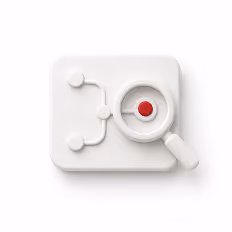 White 3D icon of a magnifying glass over a connected node map with a red dot in the center.