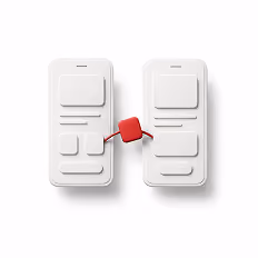 Two abstract white smartphone shapes connected by a red puzzle piece in the center.