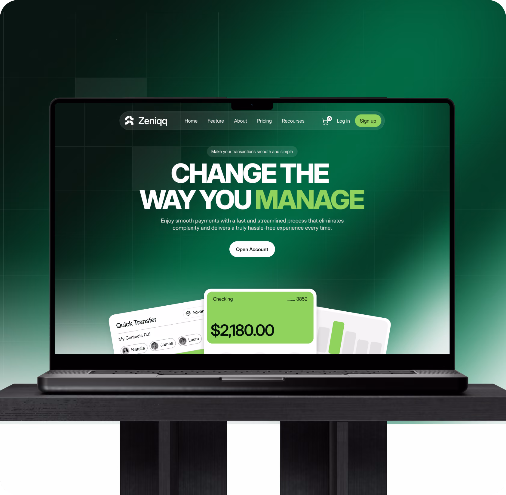 Laptop screen showing Zeniqq site with text on managing payments and a $2,180.00 checking balance.