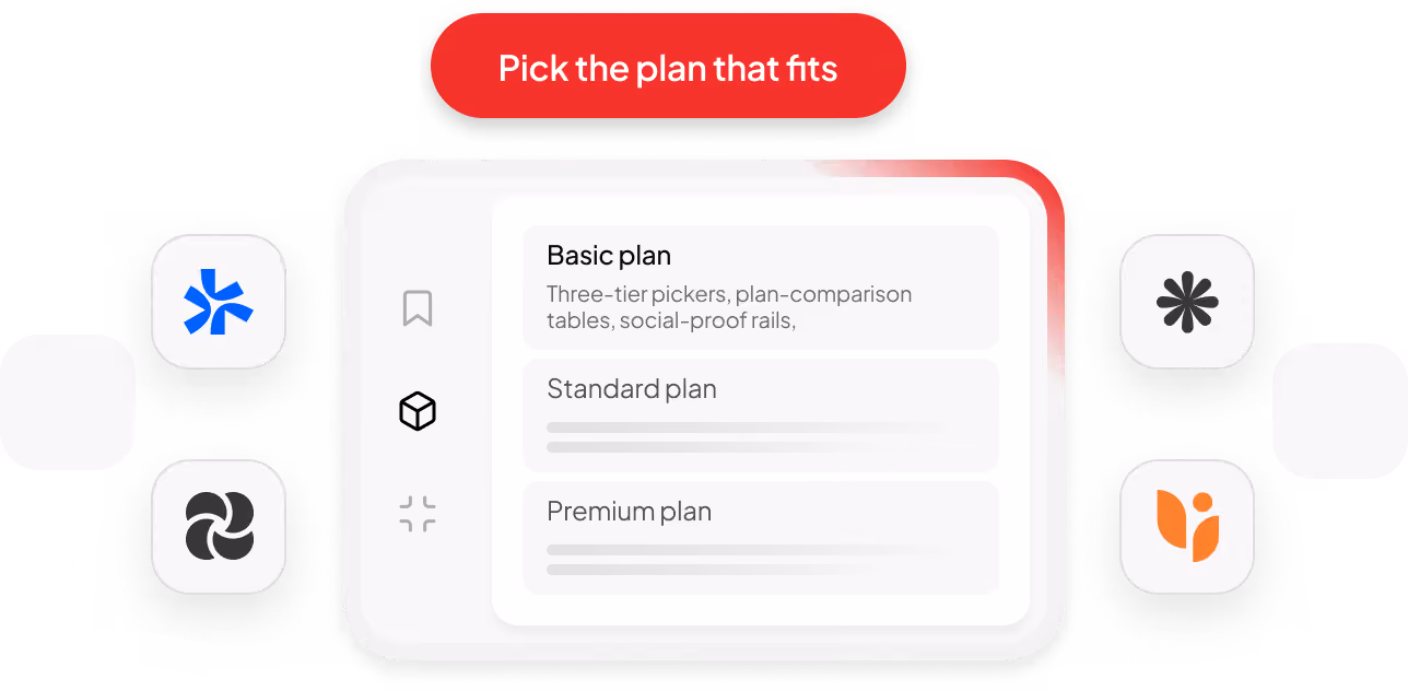 User interface with Basic, Standard, Premium plans listed under 'Pick the plan that fits' button.