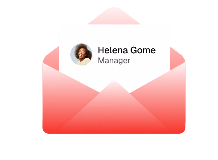 Red envelope with a card showing a smiling woman named Helena Gome, Manager.