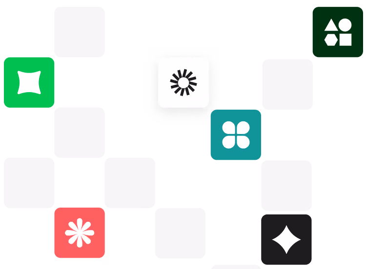 White and colored square tiles with various geometric white shapes on a black background.