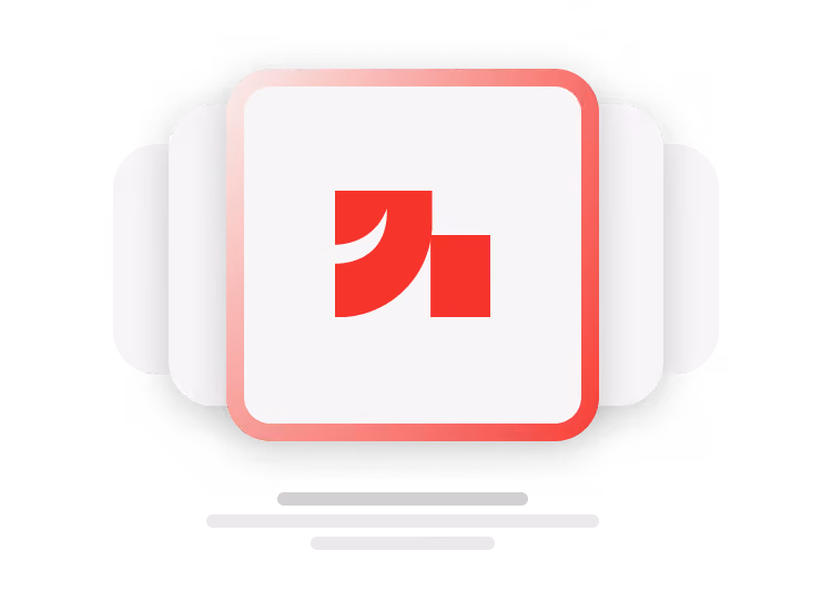 Stacked white squares with rounded corners and a red abstract symbol on the front square.