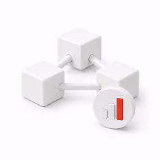 Three white cubes connected by rods forming a triangular structure with a round widget showing red and gray bars.