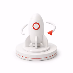 White rocket model with red circle and arrow on round base on white background.