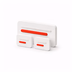 Three white rectangular blocks with red horizontal bars of varying lengths.