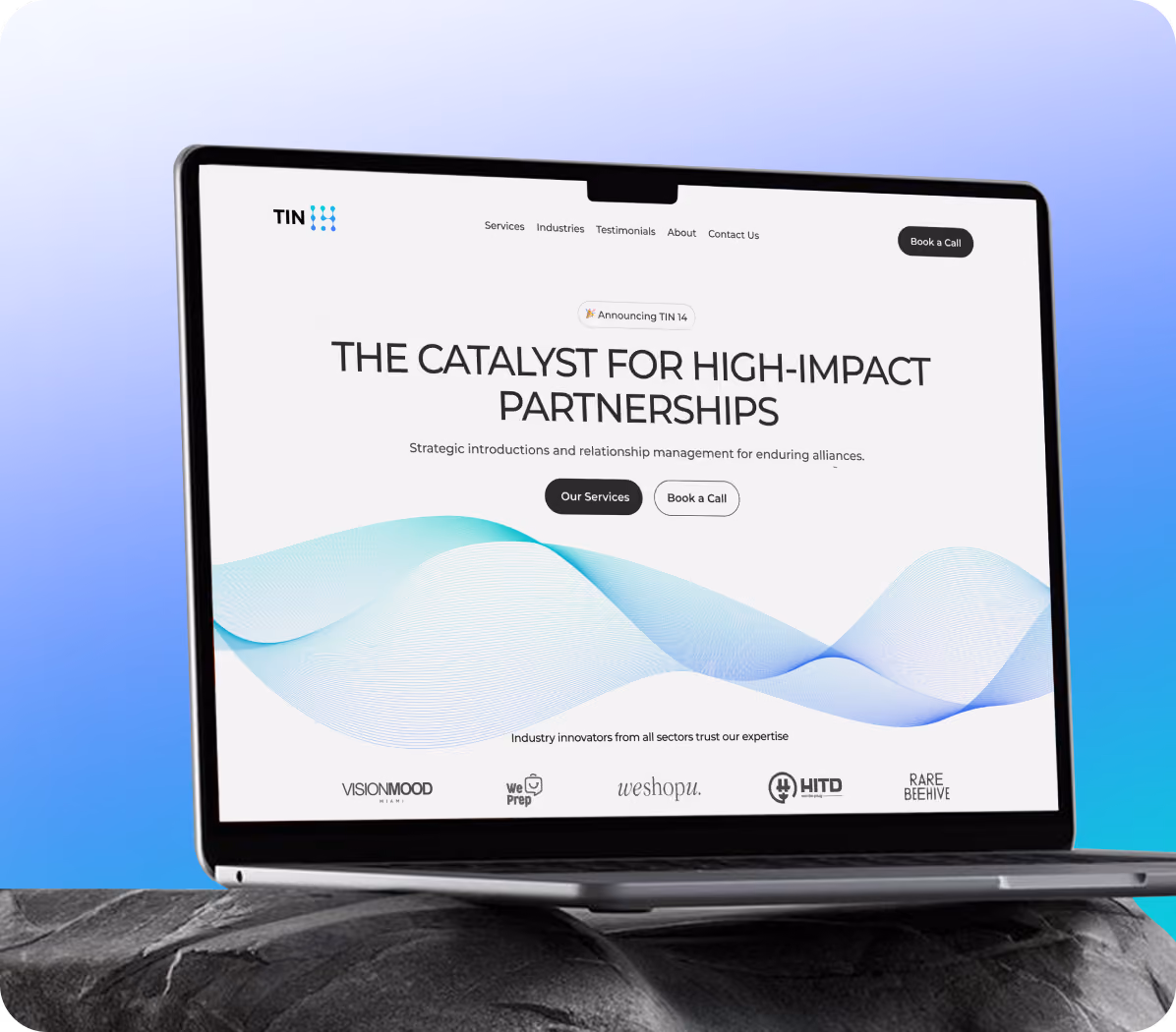 Laptop on rock displaying website with headline about catalyzing high-impact partnerships and buttons for services and calls.