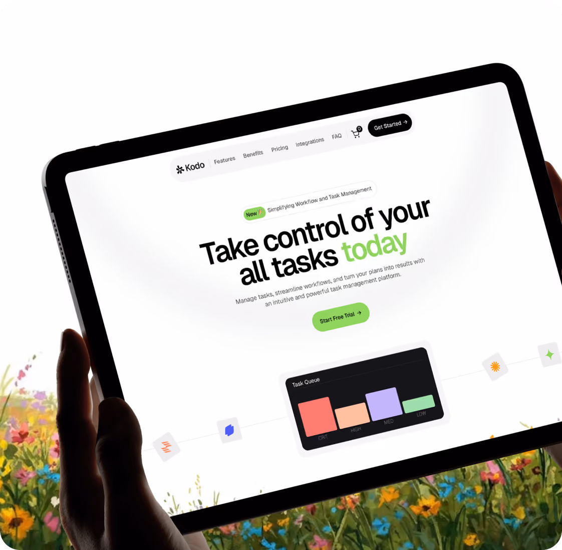 Tablet showing Kodo task management app homepage with a call to action and color-coded task queue chart.