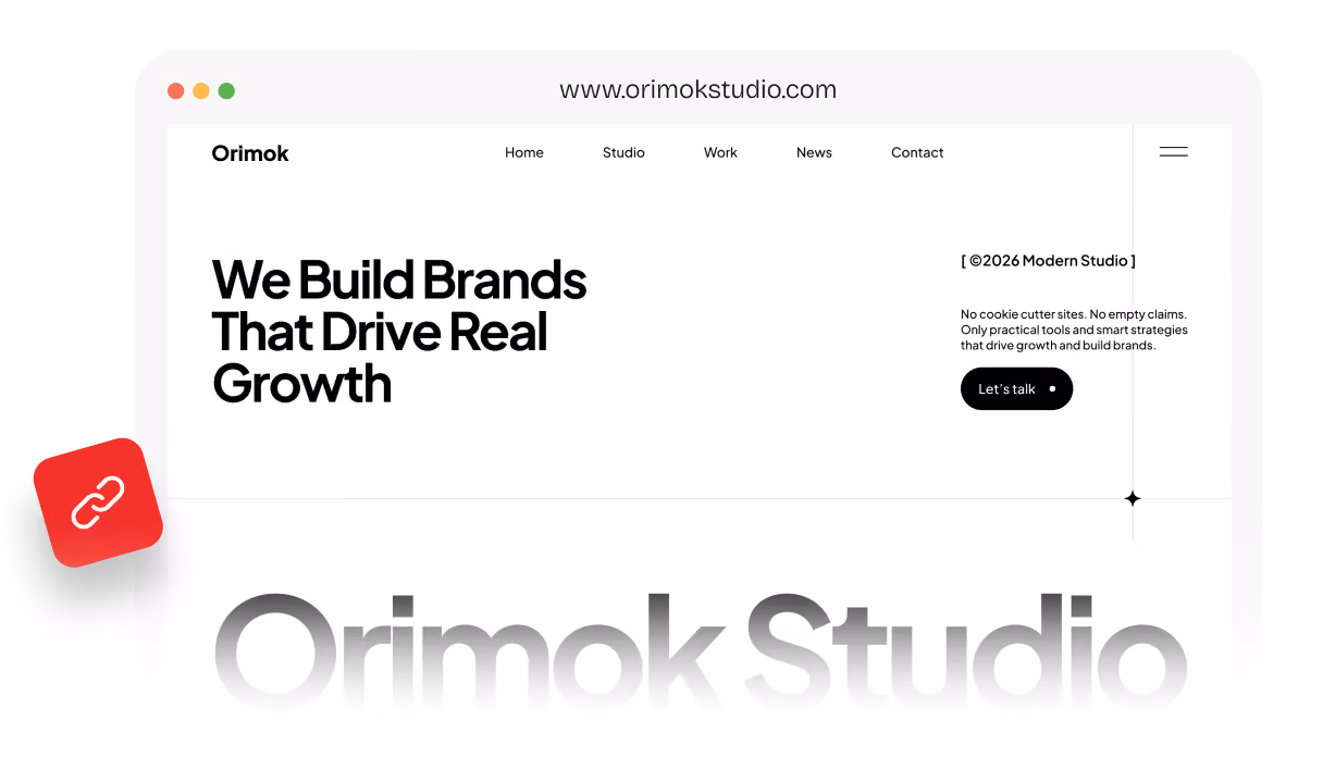 Website homepage of Orimok Studio with slogan We Build Brands That Drive Real Growth and navigation menu.