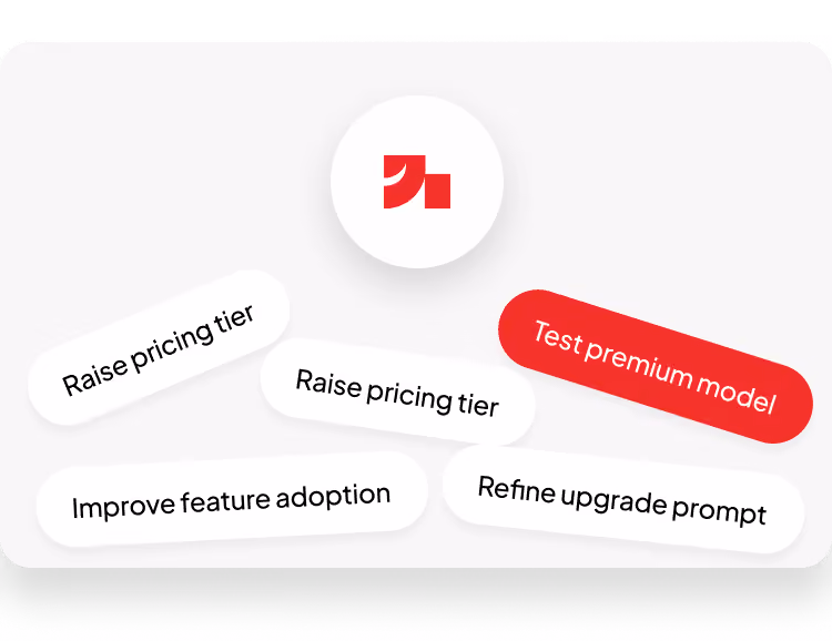 White and red rounded tags with tasks like 'Raise pricing tier' and 'Test premium model' around a red logo.