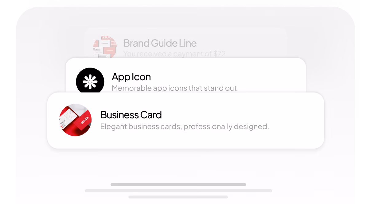 App icon and business card previews with descriptions of memorable icons and elegant designs.