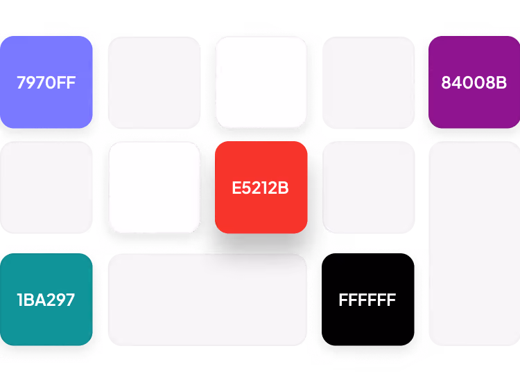 Grid of colored rounded squares showing hex color codes: blue, purple, teal, red, black, and white.